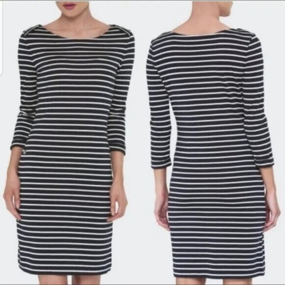 Barbour Wharf Navy/White Stripe Midi 3/4 Sleeve Dress Size 8 - Picture 1 of 11